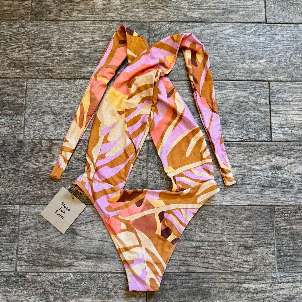 NWT Stone Fox Swim Azalea Tropical Tie Neck Brazilian One Piece Bathing Suit S